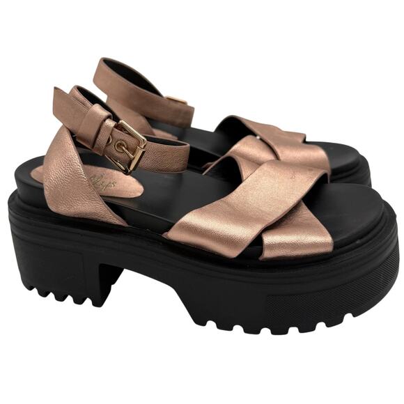 Shelly's London Pink Metallic Leather Black Platform Chunky Y2K Sandal 37/6.5 - Picture 1 of 8